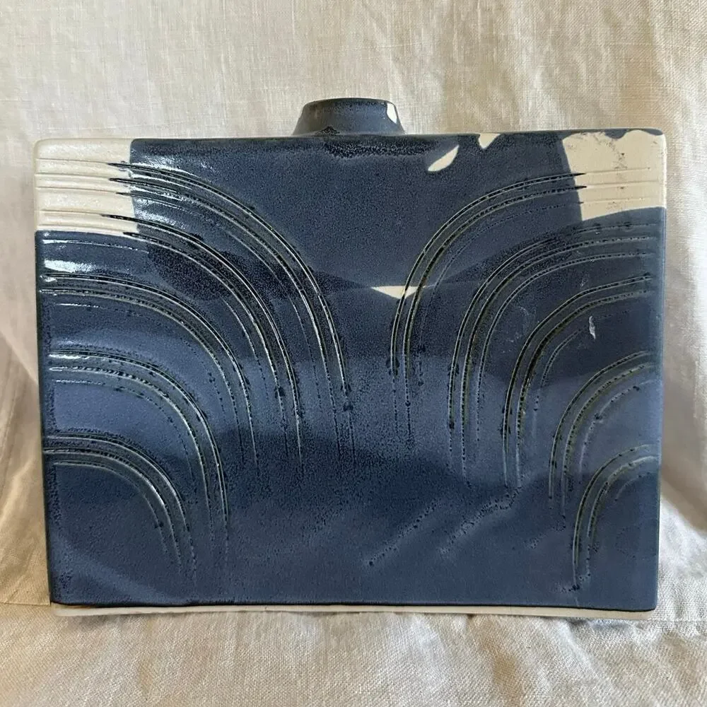 Blue Swirl Vase Rectangle Hand painted signed modern one flower 7x8.5x2.5”Asian